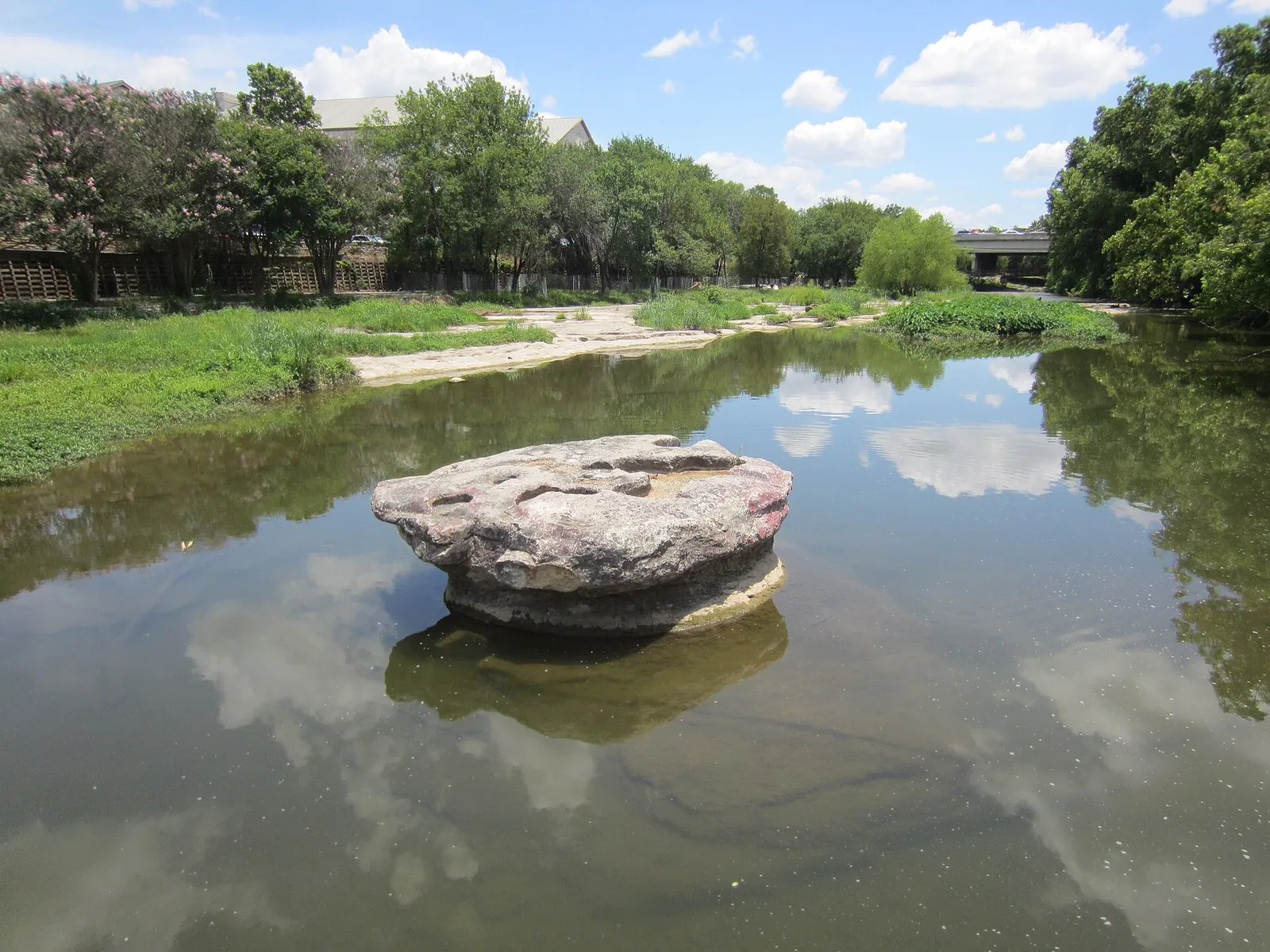 The round rock sitting in Brushy Creek near downtown Round Rock, with crepe myrtles and live oaks on the bank